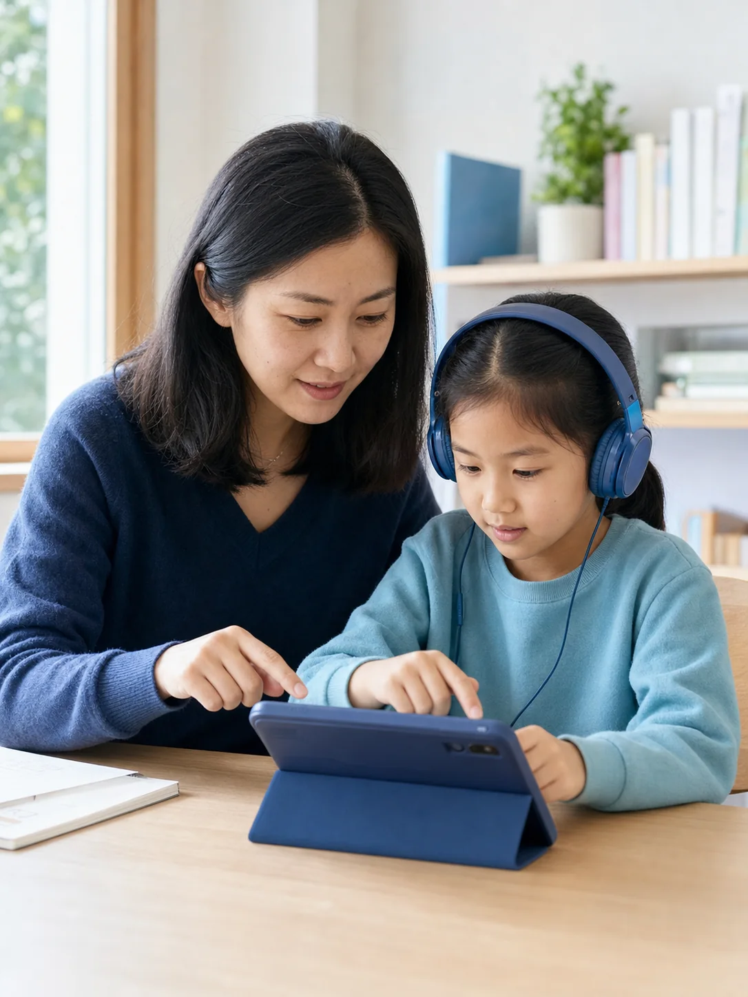 家长陪伴学员使用设备进行听音学习